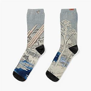 Fukagawa Lumberyards in Snow Vintage Ukiyo-e Japanese Art Socks