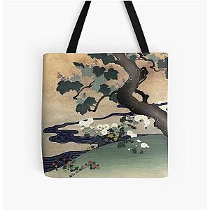 Tree and Chrysanthemums Japanese Vintage Illustration Ukiyo-e All Over Print Tote Bag