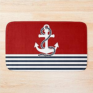 Nautical red and blue anchors on a red background Bath Mat