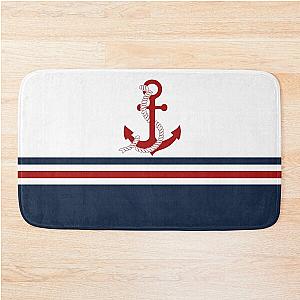 Nautical navy blue and white striped Bath Mat with a red anchor