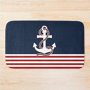 Nautical red anchor on a blue background with white stripes Bath Mat