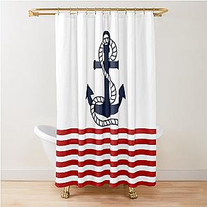 Nautical red and white striped Shower Curtain with navy anchor
