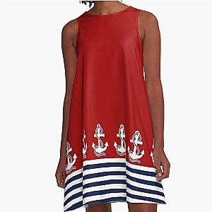Nautical red and white stripes blue anchors on a red background A line dress