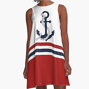 Nautical blue anchors A-Line Dress with red white stripes