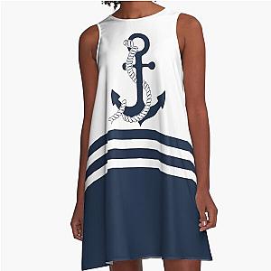 Nautical blue anchor A-Line Dress with blue white stripes