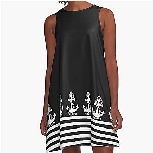 Nautical A-Line Dress with Black White Stripes and Anchors