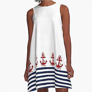 Nautical A-Line Dress with navy blue and white stripes and a red anchor.
