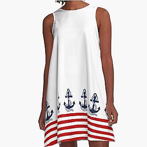 Nautical red and white striped A-Line Dress with navy blue anchor