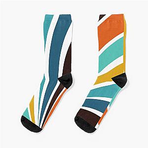 Retro Stripes Geometrical Pattern Blue Teal Orange Yellow Black White Stripes Socks