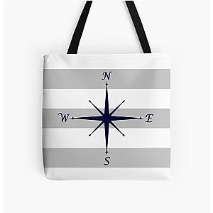Nautical Navy Blue Compass Silver Gray and White Stripes Print Tote Bag