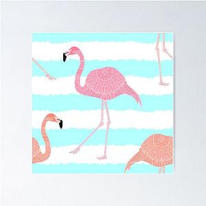 Flamingos on Blue and White Stripes Poster