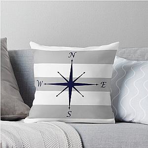 Nautical Navy Blue Compass on Silver Gray and White Striped Throw Pillow