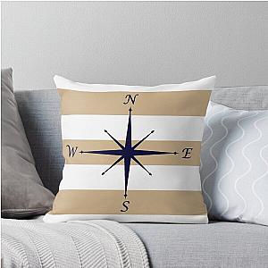 Nautical Navy Blue Compass Tropical Tan and White Stripes Pillow