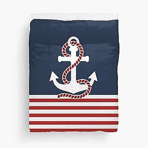 Nautical red striped anchor on blue background duvet cover