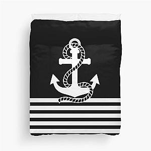 Nautical Black White Stripes and Anchors Duvet Cover