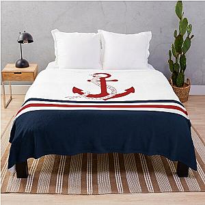 Nautical navy blue and white stripe throw blanket with red anchor