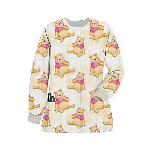 Winnie the Pooh Crewneck Print Ladies Pocket Scrub Medical Coat Jacket