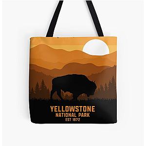 Vintage Retro Yellowstone National Park Wyoming USA Bison 80s 70s Style All Over Print Tote Bag RB1608