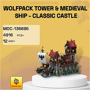 MOC Factory Block 136695 Wolfpack Tower &amp; Medieval Ship - Classic Castle Modular Building